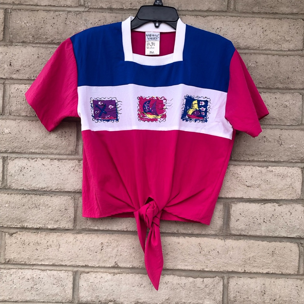 Vintage Napa Valley Petites Short Sleeve Top Color Block w/ Shoulder Pads Size P